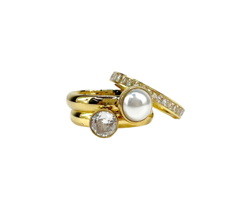 ANILL ACERO DORADO 3 FIL PERLA Y PIEDR