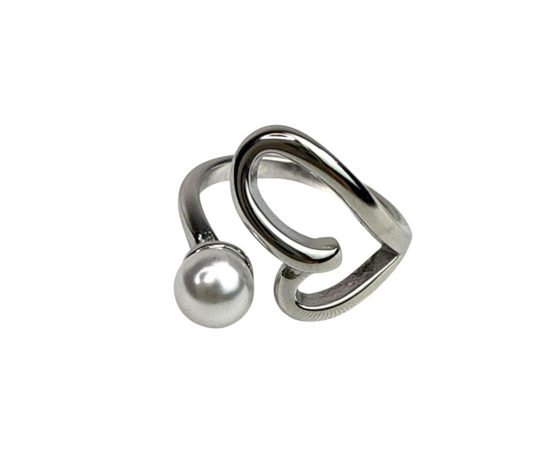 ANILLO ACERO CORAZON PERLA